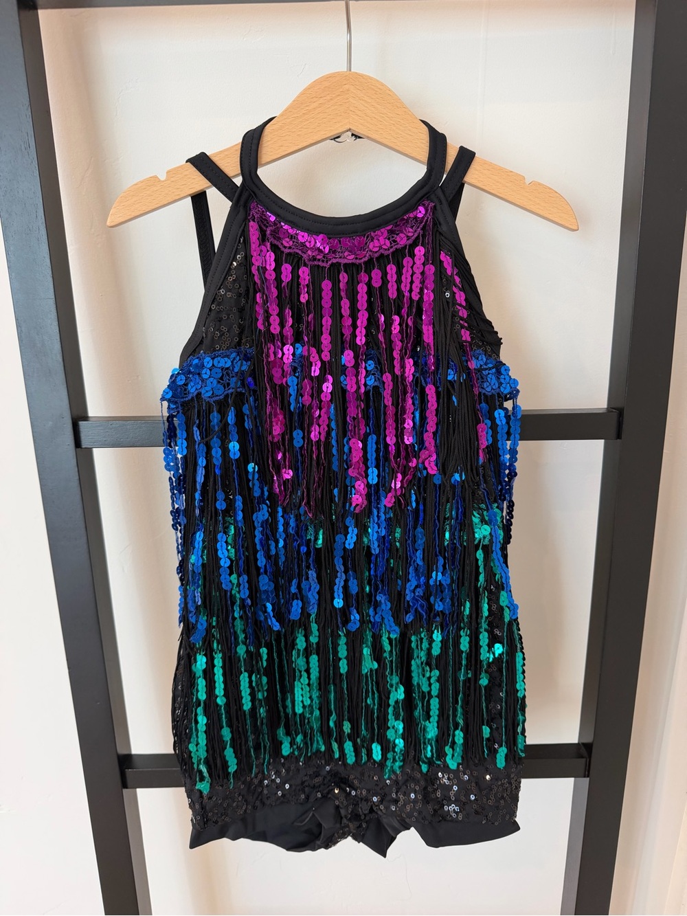Weissman Black Dance Costume with Pink, Blue & Green Sequin Fringe